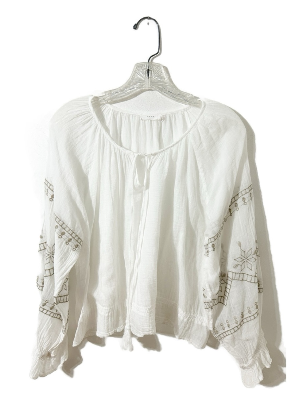 LUSH White Embroidered Long Sleeve Bohemian Blouse Top | Size Small Scoop Neck
